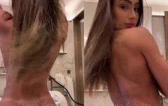 Morena siliconeada exibindo o rabão gostoso no banheiro até ficar toda molhada