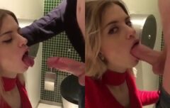 Novinha esfomeada chupando pau grosso no banheiro do shopping até engolir toda porra