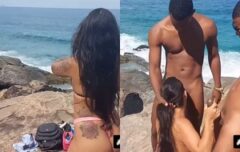 Casada safada chupando e cavalgando dois negões na praia enquanto o corno grava