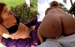 Coroa experiente dominando a ruivinha novinha no quintal com uma foda quente