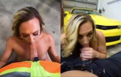 Loira sensual do Camaro amarelo dando o que os mecânicos mais querem no estacionamento