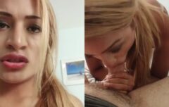 Morena gostosa dando boquete completo de calcinha bege até engolir a porra